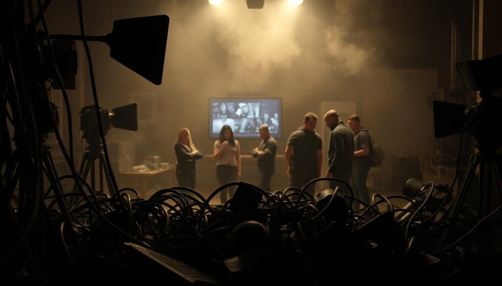 A dark, gritty behind-the-scenes look at the reality TV industry. In the foreground, a tangled web of production cables, camera equipment, and discarded prop pieces, casting an ominous shadow. In the middle ground, a group of exhausted crew members, faces obscured, huddled around a flickering monitor displaying raw, unedited footage. The background is shrouded in a hazy, smoke-filled atmosphere, suggesting the intense pressure and chaos that permeates the set. The lighting is harsh, casting dramatic shadows and highlighting the tension and fatigue. The overall mood is one of raw, unfiltered exposure, capturing the often unseen realities of the reality TV machine. A dark, gritty behind-the-scenes look at the reality TV industry. In the foreground, a tangled web of production cables, camera equipment, and discarded prop pieces, casting an ominous shadow. In the middle ground, a group of exhausted crew members, faces obscured, huddled around a flickering monitor displaying raw, unedited footage. The background is shrouded in a hazy, smoke-filled atmosphere, suggesting the intense pressure and chaos that permeates the set. The lighting is harsh, casting dramatic shadows and highlighting the tension and fatigue. The overall mood is one of raw, unfiltered exposure, capturing the often unseen realities of the reality TV machine.