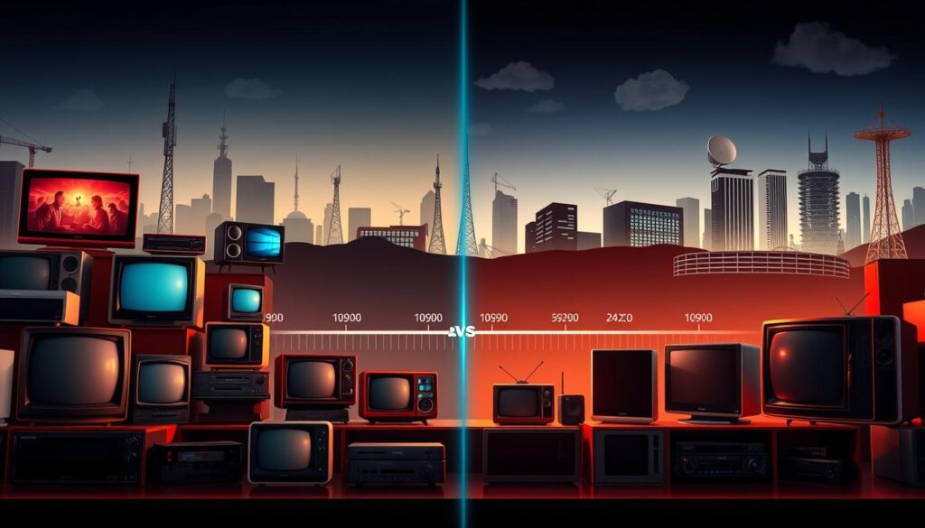 A detailed side-by-side comparison of traditional network television scheduling and the on-demand streaming experience. In the foreground, an array of classic TV set designs from the past decades juxtaposed with modern streaming devices and minimalist interfaces. The middle ground depicts a timeline showcasing the shift from rigid weekly programming to the fluid, algorithm-driven recommendation engines of today. In the background, a stylized representation of broadcast towers and satellite dishes gradually blending into the sleek architecture of cloud data centers. The lighting is a balanced mixture of warm, nostalgic tones and cool, futuristic hues, creating a sense of the evolution from the past to the present. The overall atmosphere conveys the profound changes in how audiences discover and consume reality television content in the streaming era. A detailed side-by-side comparison of traditional network television scheduling and the on-demand streaming experience. In the foreground, an array of classic TV set designs from the past decades juxtaposed with modern streaming devices and minimalist interfaces. The middle ground depicts a timeline showcasing the shift from rigid weekly programming to the fluid, algorithm-driven recommendation engines of today. In the background, a stylized representation of broadcast towers and satellite dishes gradually blending into the sleek architecture of cloud data centers. The lighting is a balanced mixture of warm, nostalgic tones and cool, futuristic hues, creating a sense of the evolution from the past to the present. The overall atmosphere conveys the profound changes in how audiences discover and consume reality television content in the streaming era.