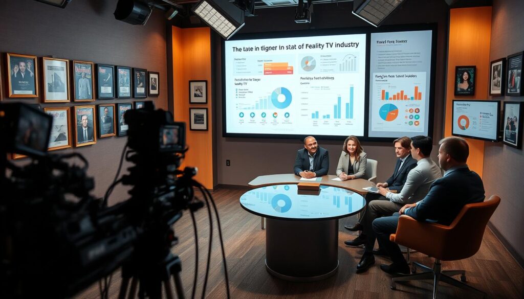 A dimly lit studio setting, the walls adorned with framed industry awards and magazine covers. In the foreground, a professional-looking panel of diverse experts seated around a table, deep in discussion. Mid-ground, cameras and production equipment capture the interview, the lens trained on the panelists. The background features a large projection screen displaying data visualizations, charts, and graphs illustrating the state of the reality TV industry. Soft, warm lighting casts a contemplative mood, while the camera angle suggests an insider's perspective, inviting the viewer to join the conversation.