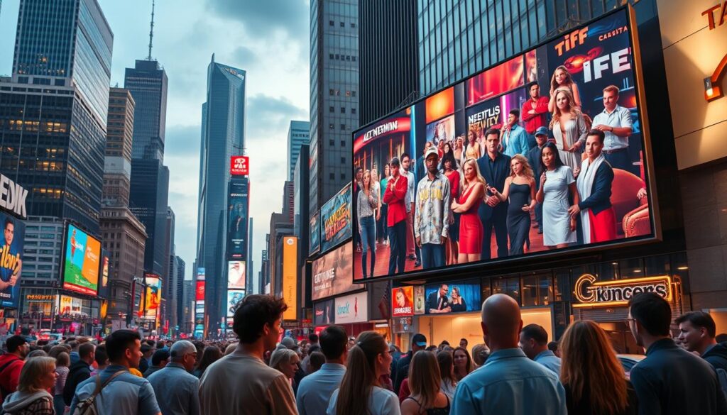 A dynamic cityscape with towering skyscrapers and bustling streets. In the foreground, a large TV screen displays the vibrant colors and captivating scenes of a network reality show, drawing the attention of a crowd of onlookers. In the middle ground, a group of people are gathered around a smaller device, immersed in the intimate, personalized world of a streaming service. Soft, warm lighting bathes the scene, creating a sense of energy and excitement, while the contrast between the larger-than-life network TV and the more intimate streaming experience highlights the evolving nature of modern media consumption.