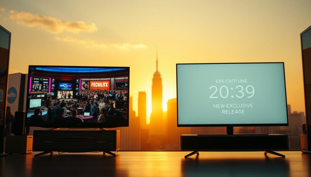A dynamic comparison of weekly network TV reality show airings and exclusive streaming platform releases, captured with a cinematic widescreen lens. In the foreground, a stylized split-screen displays contrasting imagery - on the left, a network TV studio with a lively studio audience, and on the right, a sleek, minimalist streaming interface showcasing a countdown to a new exclusive release. The middle ground features a silhouetted landscape of urban skyscrapers, symbolizing the changing entertainment landscape. The background is bathed in a warm, golden-hour glow, creating a sense of anticipation and excitement. Subtle film grain and depth-of-field blur add a touch of cinematic flair to the scene. A dynamic comparison of weekly network TV reality show airings and exclusive streaming platform releases, captured with a cinematic widescreen lens. In the foreground, a stylized split-screen displays contrasting imagery - on the left, a network TV studio with a lively studio audience, and on the right, a sleek, minimalist streaming interface showcasing a countdown to a new exclusive release. The middle ground features a silhouetted landscape of urban skyscrapers, symbolizing the changing entertainment landscape. The background is bathed in a warm, golden-hour glow, creating a sense of anticipation and excitement. Subtle film grain and depth-of-field blur add a touch of cinematic flair to the scene.