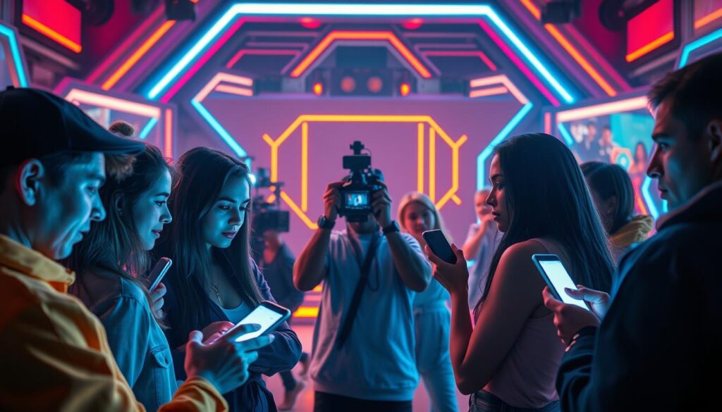 A dynamic, high-energy scene depicting the intersection of social media and reality TV. In the foreground, a group of social media influencers engage in dramatic interactions, their faces illuminated by the glow of smartphone screens. In the middle ground, a camera crew captures the action, immersing the viewer in the production process. The background features a visually striking set design, with bold colors, geometric patterns, and futuristic technological elements that evoke the sleek, hyper-connected world of modern media. The lighting is cinematic, with dramatic shadows and highlights that heighten the sense of tension and excitement. The overall atmosphere is one of heightened emotion, digital connectivity, and the blurring of lines between reality and performance.