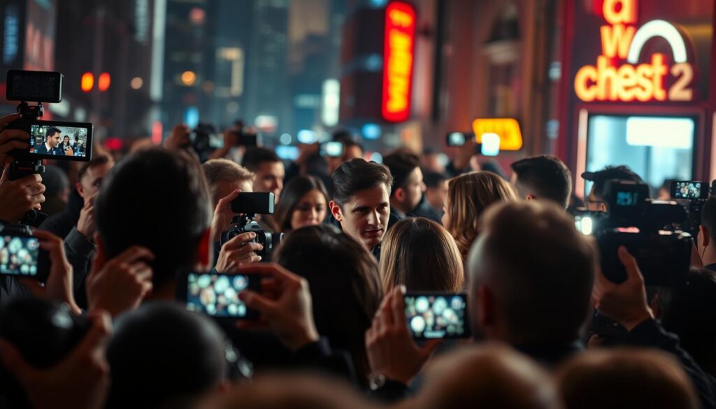 A dynamic scene of reality TV gossip unfolding in a visually striking manner. In the foreground, a group of paparazzi captures candid moments of celebrities, their cameras flashing as they crowd around a central figure. The middle ground features the celebrities themselves, caught in a tense interaction, their expressions conveying the drama and tension of the moment. The background is a blurred, neon-lit cityscape, hinting at the fast-paced, high-stakes world of celebrity culture. The lighting is dramatic, with sharp contrasts and shadows, heightening the sense of excitement and intrigue. The overall composition is dynamic and cinematic, drawing the viewer into the heart of the celebrity gossip landscape.