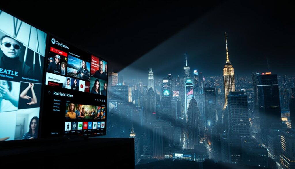 A dynamic scene of the modern media landscape. In the foreground, a sleek, minimalist streaming platform interface, with bold typography and vibrant icons. In the middle ground, a frenetic collage of real-time updates, social media feeds, and breaking news crawls, conveying the fast-paced nature of network television. The background depicts a vast, ethereal cityscape, hinting at the global scale and interconnectedness of the digital entertainment ecosystem. Dramatic lighting casts long shadows, creating a sense of urgency and high-stakes drama. The composition is balanced, with a strong diagonal tension drawing the eye from the foreground to the background, mirroring the tension between streaming and network reality TV. A dynamic scene of the modern media landscape. In the foreground, a sleek, minimalist streaming platform interface, with bold typography and vibrant icons. In the middle ground, a frenetic collage of real-time updates, social media feeds, and breaking news crawls, conveying the fast-paced nature of network television. The background depicts a vast, ethereal cityscape, hinting at the global scale and interconnectedness of the digital entertainment ecosystem. Dramatic lighting casts long shadows, creating a sense of urgency and high-stakes drama. The composition is balanced, with a strong diagonal tension drawing the eye from the foreground to the background, mirroring the tension between streaming and network reality TV.