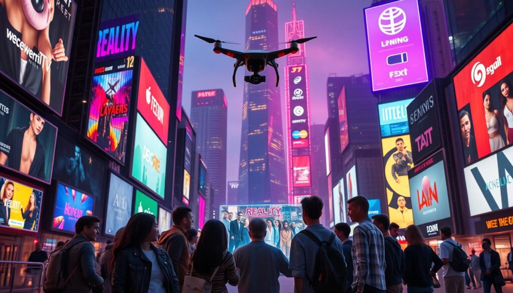 A futuristic cityscape with sleek, high-rise buildings reflecting the vibrant lights of billboards and digital screens showcasing the latest reality TV trends. In the foreground, a group of young, diverse individuals gather around a holographic display, animatedly discussing the latest season of a popular streaming show. In the middle ground, a floating camera drone captures the scene, while in the background, a towering, neon-lit skyscraper displays the logos of various streaming platforms. The scene is bathed in a warm, neon-infused glow, conveying a sense of excitement and the ever-evolving nature of the reality TV landscape in the year 2025. A futuristic cityscape with sleek, high-rise buildings reflecting the vibrant lights of billboards and digital screens showcasing the latest reality TV trends. In the foreground, a group of young, diverse individuals gather around a holographic display, animatedly discussing the latest season of a popular streaming show. In the middle ground, a floating camera drone captures the scene, while in the background, a towering, neon-lit skyscraper displays the logos of various streaming platforms. The scene is bathed in a warm, neon-infused glow, conveying a sense of excitement and the ever-evolving nature of the reality TV landscape in the year 2025.