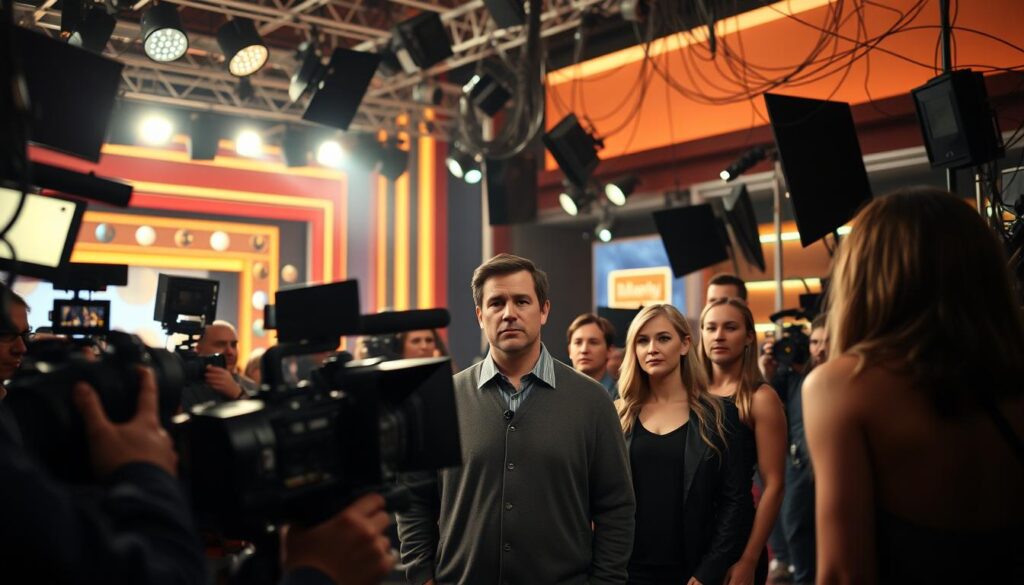 A high-contrast, cinéma vérité-style image of the behind-the-scenes of the reality TV industry. In the foreground, a chaotic film crew scrambles to capture raw, candid footage of talent against a blurred backdrop of glossy studio sets and bright, dazzling lighting. In the middle ground, a director barks orders while talent stares blankly, their true emotions masked. In the background, a maze of tangled cables, reflectors, and production equipment hints at the meticulously crafted illusion of "reality." The overall atmosphere is one of tension, artifice, and the blurring of truth and fiction. A high-contrast, cinéma vérité-style image of the behind-the-scenes of the reality TV industry. In the foreground, a chaotic film crew scrambles to capture raw, candid footage of talent against a blurred backdrop of glossy studio sets and bright, dazzling lighting. In the middle ground, a director barks orders while talent stares blankly, their true emotions masked. In the background, a maze of tangled cables, reflectors, and production equipment hints at the meticulously crafted illusion of "reality." The overall atmosphere is one of tension, artifice, and the blurring of truth and fiction.