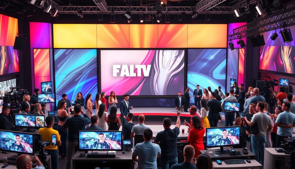 A vibrant and dynamic advertising landscape, with a central focus on a large, modern TV screen displaying a reality TV show logo. In the foreground, an array of sleek product placements and branded sponsorships, carefully integrated into the scene. The middle ground features a diverse group of reality TV personalities, engaged in lively interactions and promotional activities. The background showcases a bustling studio environment, complete with camera crews, lighting rigs, and a sense of energy and excitement. The overall atmosphere is one of a polished, high-production value reality TV advertising ecosystem, capturing the essence of the industry's evolving trends and strategies.