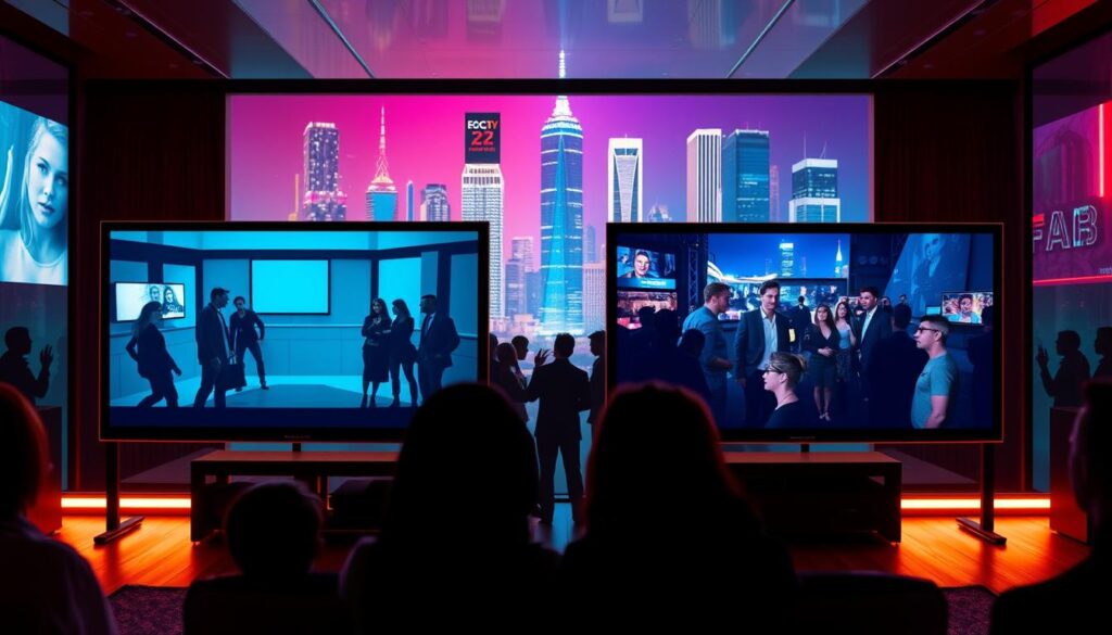 A vibrant, cinematic comparison of streaming and network reality TV. In the foreground, two TV screens side-by-side display contrasting reality show scenes - one with a sleek, modern streaming interface, the other with a classic cable network aesthetic. The middle ground features stylized silhouettes of viewers, their eyes glued to the screens, representing the diverse audiences drawn to each format. The background is a dynamic, neon-tinged cityscape, symbolizing the urban, on-the-go lifestyle of the streaming generation versus the more traditional domestic setting of network TV. Dramatic cinematic lighting casts dramatic shadows, heightening the sense of a shifting media landscape. The overall mood is one of technological progress, visual flair, and the changing dynamics of reality TV consumption.
