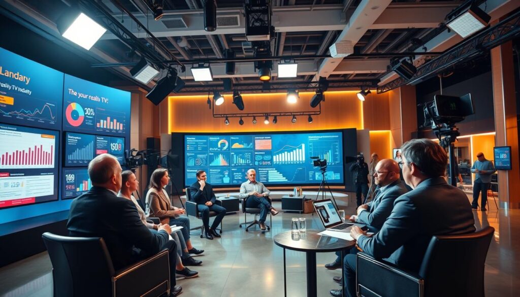An expansive, well-lit studio with a polished, professional feel. In the foreground, a panel of industry experts engaged in a lively discussion, captured in a cinematic, fly-on-the-wall perspective. The middle ground features various visual aids - charts, graphs, and infographics - providing in-depth analysis of the reality TV landscape. The background showcases a bustling production environment, with cameras, lighting rigs, and a diverse crew at work. The overall mood is one of authority, insight, and a deep understanding of the inner workings of the reality TV industry. An expansive, well-lit studio with a polished, professional feel. In the foreground, a panel of industry experts engaged in a lively discussion, captured in a cinematic, fly-on-the-wall perspective. The middle ground features various visual aids - charts, graphs, and infographics - providing in-depth analysis of the reality TV landscape. The background showcases a bustling production environment, with cameras, lighting rigs, and a diverse crew at work. The overall mood is one of authority, insight, and a deep understanding of the inner workings of the reality TV industry.