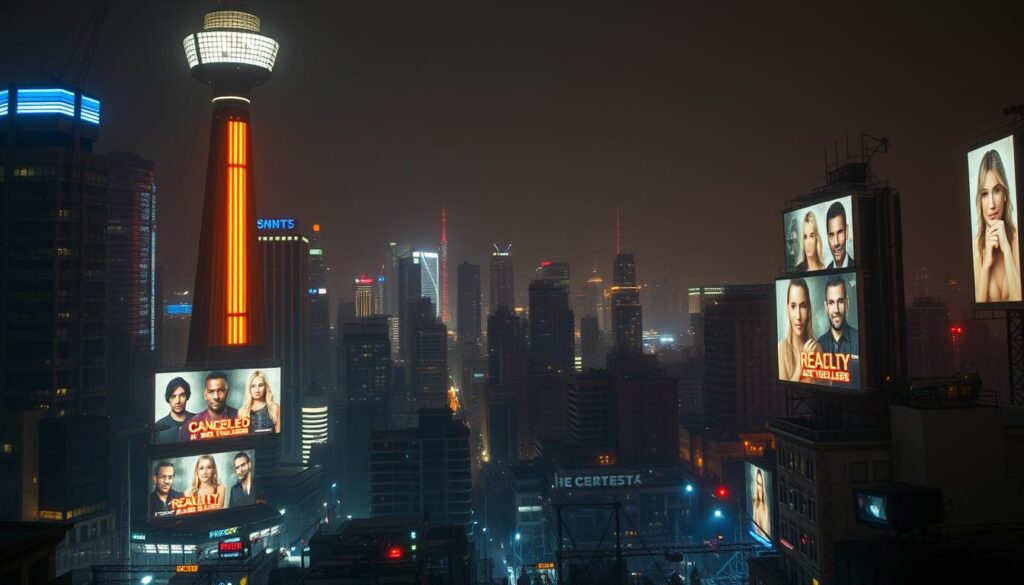 Dramatic nighttime cityscape, neon-soaked urban sprawl. In the foreground, imposing broadcast towers loom, their blinking lights casting an ominous glow. Amidst the towering skyscrapers, billboards flicker with ghostly images of canceled reality TV shows - forgotten faces, shattered dreams. The middle ground is a chaotic jumble of production equipment, cameras, and crew scrambling in the shadows, the weight of abrupt cancellations pressing down. In the distant background, a hazy, starless sky, the quiet aftermath of an industry in flux. Cinematic, moody, and tinged with a sense of melancholy, this is the reality of 2025's biggest reality TV shakeups. Dramatic nighttime cityscape, neon-soaked urban sprawl. In the foreground, imposing broadcast towers loom, their blinking lights casting an ominous glow. Amidst the towering skyscrapers, billboards flicker with ghostly images of canceled reality TV shows - forgotten faces, shattered dreams. The middle ground is a chaotic jumble of production equipment, cameras, and crew scrambling in the shadows, the weight of abrupt cancellations pressing down. In the distant background, a hazy, starless sky, the quiet aftermath of an industry in flux. Cinematic, moody, and tinged with a sense of melancholy, this is the reality of 2025's biggest reality TV shakeups.