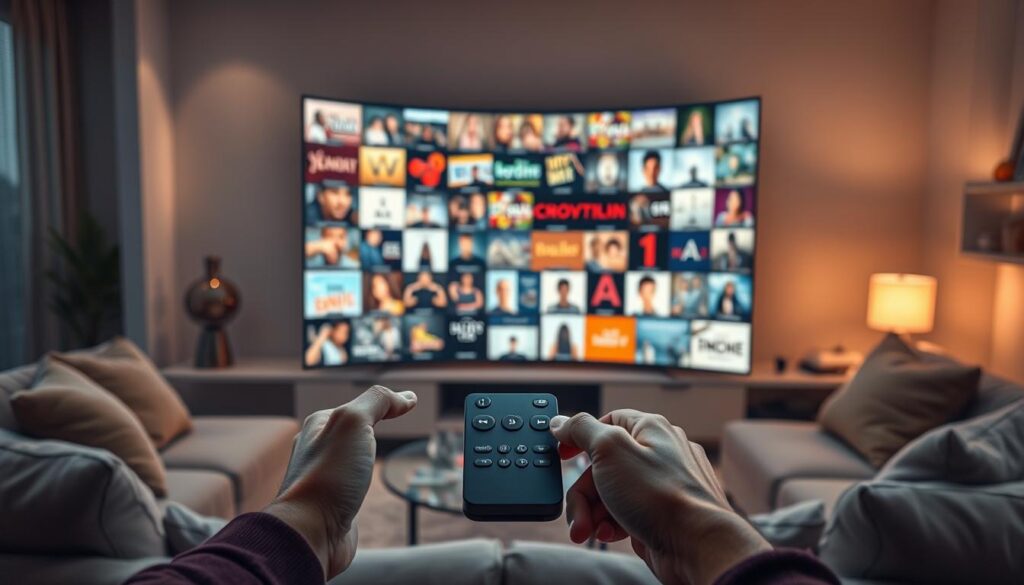 Prompt A modern living room with plush seating and a large, curved smart TV. On the TV screen, a captivating array of reality TV show titles and thumbnails float in a dynamic, holographic display. Soft, warm lighting illuminates the scene, creating an atmosphere of cozy contemplation. In the foreground, a person's hands hold a sleek, futuristic remote control, symbolizing the viewer's power to curate their 2025 reality TV watchlist. The background features subtle futuristic elements, hinting at the technological advancements shaping the television landscape. The overall mood is one of anticipation and excitement for the new era of reality programming. Prompt A modern living room with plush seating and a large, curved smart TV. On the TV screen, a captivating array of reality TV show titles and thumbnails float in a dynamic, holographic display. Soft, warm lighting illuminates the scene, creating an atmosphere of cozy contemplation. In the foreground, a person's hands hold a sleek, futuristic remote control, symbolizing the viewer's power to curate their 2025 reality TV watchlist. The background features subtle futuristic elements, hinting at the technological advancements shaping the television landscape. The overall mood is one of anticipation and excitement for the new era of reality programming.