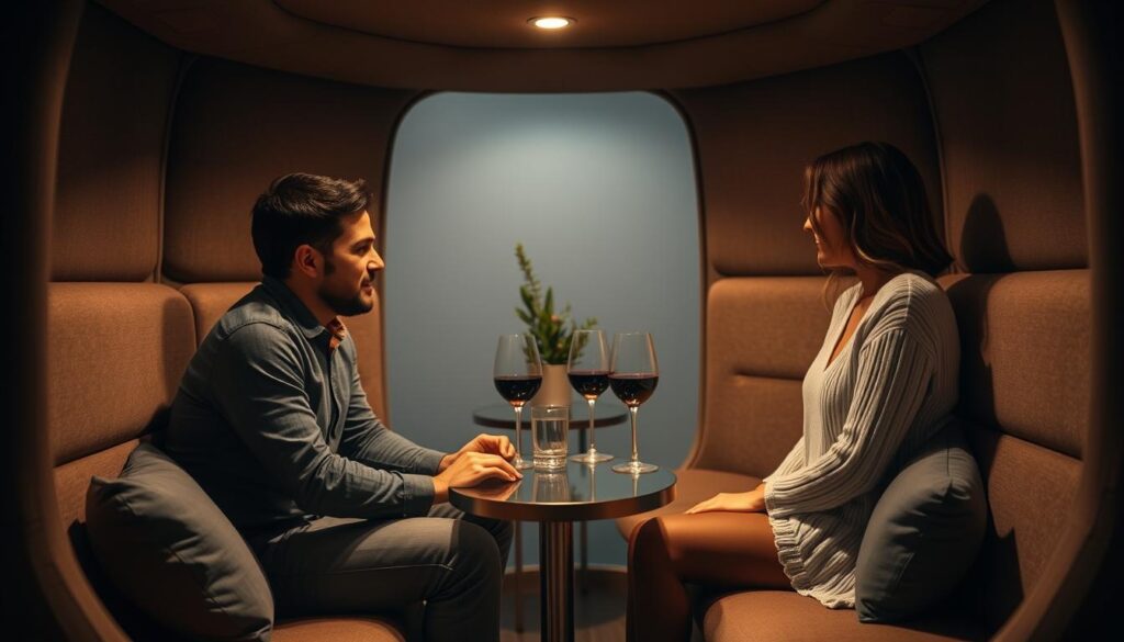 A cozy, dimly lit pod room with plush seating and warm lighting. Two people, a man and a woman, sitting across from each other, engaged in an intimate, nervous conversation. Their body language conveys a mix of excitement and awkwardness as they tentatively get to know each other. In the background, subtle details like a table with two glasses of wine, a potted plant, and a neutral-toned, minimalist decor set the scene. Soft, diffused lighting creates a sense of intimacy and vulnerability, while the camera angle suggests an observational, fly-on-the-wall perspective, capturing the vulnerable, tender moment between the two blind daters. A cozy, dimly lit pod room with plush seating and warm lighting. Two people, a man and a woman, sitting across from each other, engaged in an intimate, nervous conversation. Their body language conveys a mix of excitement and awkwardness as they tentatively get to know each other. In the background, subtle details like a table with two glasses of wine, a potted plant, and a neutral-toned, minimalist decor set the scene. Soft, diffused lighting creates a sense of intimacy and vulnerability, while the camera angle suggests an observational, fly-on-the-wall perspective, capturing the vulnerable, tender moment between the two blind daters.