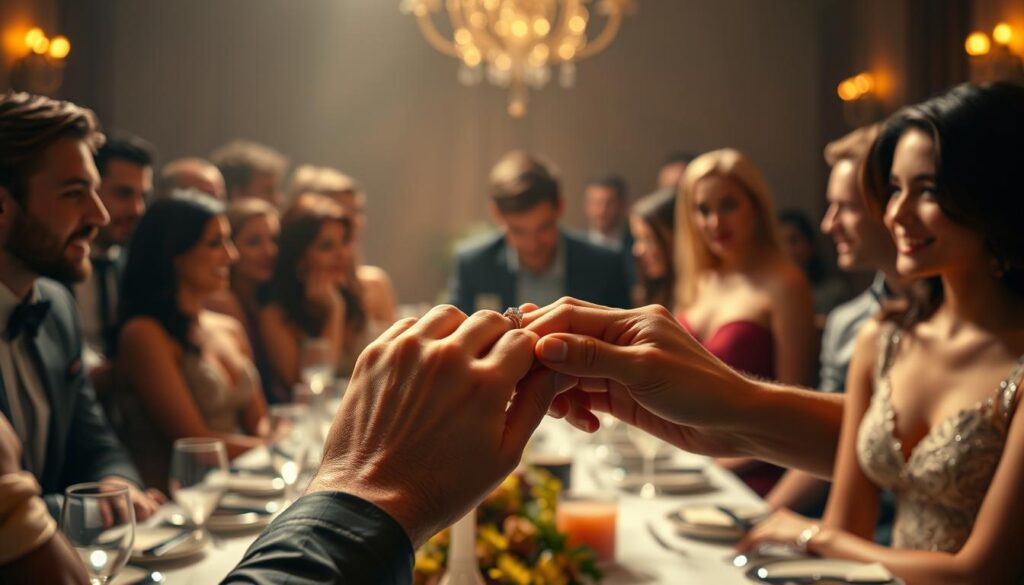 A dimly lit room, couples gathered around a grand table, faces aglow with a mix of excitement and nervous anticipation. In the foreground, a pair of hands clasp a diamond ring, the moment of proposal captured in a breathtaking close-up. The middle ground showcases the reactions of the other couples, some leaning in with eager expressions, others exchanging whispers and glances. The background fades into a soft, hazy blur, drawing the viewer's focus to the central drama unfolding. Warm, golden lighting casts a romantic, cinematic atmosphere, as if capturing a pivotal scene from a popular reality TV show. A dimly lit room, couples gathered around a grand table, faces aglow with a mix of excitement and nervous anticipation. In the foreground, a pair of hands clasp a diamond ring, the moment of proposal captured in a breathtaking close-up. The middle ground showcases the reactions of the other couples, some leaning in with eager expressions, others exchanging whispers and glances. The background fades into a soft, hazy blur, drawing the viewer's focus to the central drama unfolding. Warm, golden lighting casts a romantic, cinematic atmosphere, as if capturing a pivotal scene from a popular reality TV show.