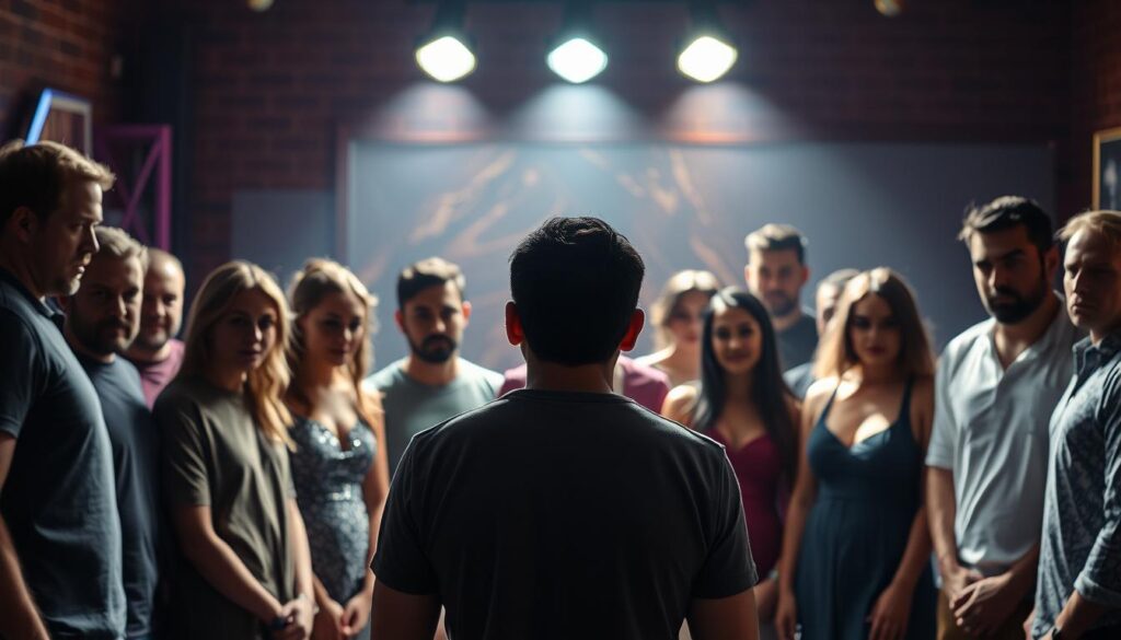 A dramatic eviction scene in the Big Brother house: A group of housemates gathered in the living room, faces etched with tension as they await the host's announcement. Bright studio lighting casts dramatic shadows, accentuating the participants' expressions - some defiant, others anxious. The camera focuses on the evictee, a lone figure standing before the group, shoulders slumped in resignation. The background blurs, drawing the viewer's attention to the emotional intensity of the moment. Cinematic camera angles and a moody, charged atmosphere heighten the sense of high-stakes drama unfolding. A dramatic eviction scene in the Big Brother house: A group of housemates gathered in the living room, faces etched with tension as they await the host's announcement. Bright studio lighting casts dramatic shadows, accentuating the participants' expressions - some defiant, others anxious. The camera focuses on the evictee, a lone figure standing before the group, shoulders slumped in resignation. The background blurs, drawing the viewer's attention to the emotional intensity of the moment. Cinematic camera angles and a moody, charged atmosphere heighten the sense of high-stakes drama unfolding.