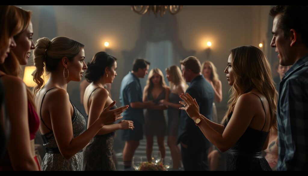 A lively and dramatic scene unfolds in the Bachelor mansion, with contestants embroiled in tense rivalries and simmering conflicts. In the foreground, two women engage in a heated argument, their expressions intense and bodies language tense. In the middle ground, a group of contestants gathers, whispering and gesturing, creating an atmosphere of intrigue and unease. The background is softly lit, casting dramatic shadows and highlighting the opulent yet claustrophobic setting of the mansion, hinting at the high-stakes emotional turmoil within. The overall mood is one of heightened drama, with a cinematic quality that captures the essence of the Bachelor's notorious in-house tensions.