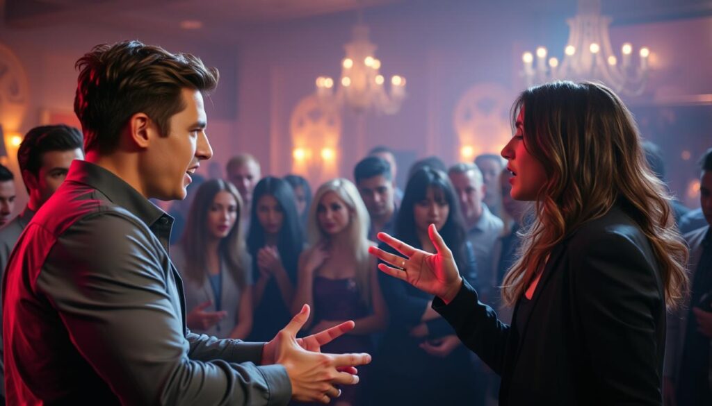 A lively, dramatic scene of a reality TV dating show after-party. In the foreground, two contestants engage in a heated argument, their expressions animated and bodies gesturing emphatically. In the middle ground, a group of onlookers watch the exchange with rapt attention, some whispering to one another. The background is bathed in a soft, warm glow, with stylized lighting fixtures casting a flattering ambiance over the setting. The overall mood is one of high tension and emotional intensity, befitting the heightened drama of a reality TV dating show.