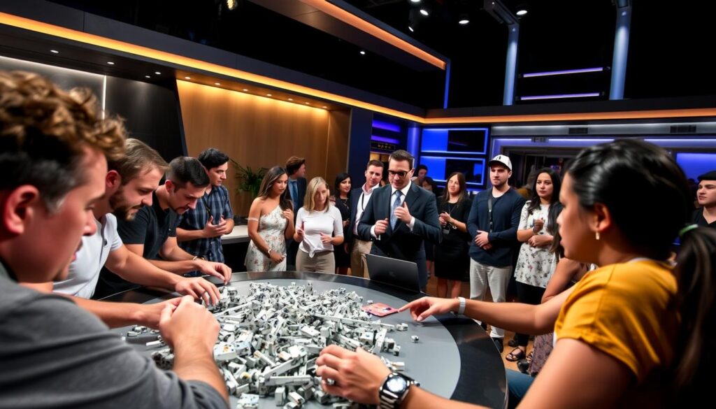 A lively scene of a high-stakes Big Brother veto competition unfolds. In the foreground, contestants anxiously scramble to solve a complex puzzle, their expressions tense with determination. The middle ground captures the drama as the host dramatically unveils the winner, the rest of the houseguests watching on with rapt attention. In the background, the sleek, modern Big Brother house provides a stylish setting, with bold lighting casting dramatic shadows. The overall atmosphere is one of heightened tension and excitement, as the players vie for the pivotal veto power that could shift the course of the game. A lively scene of a high-stakes Big Brother veto competition unfolds. In the foreground, contestants anxiously scramble to solve a complex puzzle, their expressions tense with determination. The middle ground captures the drama as the host dramatically unveils the winner, the rest of the houseguests watching on with rapt attention. In the background, the sleek, modern Big Brother house provides a stylish setting, with bold lighting casting dramatic shadows. The overall atmosphere is one of heightened tension and excitement, as the players vie for the pivotal veto power that could shift the course of the game.