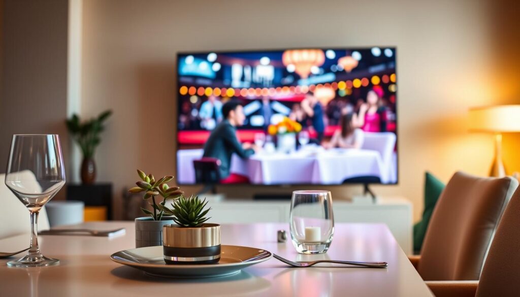 A stylish, contemporary analysis of Korean dating shows. In the foreground, a sleek, minimalist table setting with elegant tableware and a potted succulent, hinting at the sophisticated aesthetic of these programs. In the middle ground, a large flatscreen TV displays a vibrant, high-production-value dating scene, showcasing the dynamic camerawork and rich colors typical of Korean reality TV. The background is softly blurred, emphasizing the screen as the focal point, while a warm, golden lighting creates a cozy, inviting atmosphere. This image captures the allure and cultural significance of Korean dating shows as captivating, globally acclaimed entertainment.