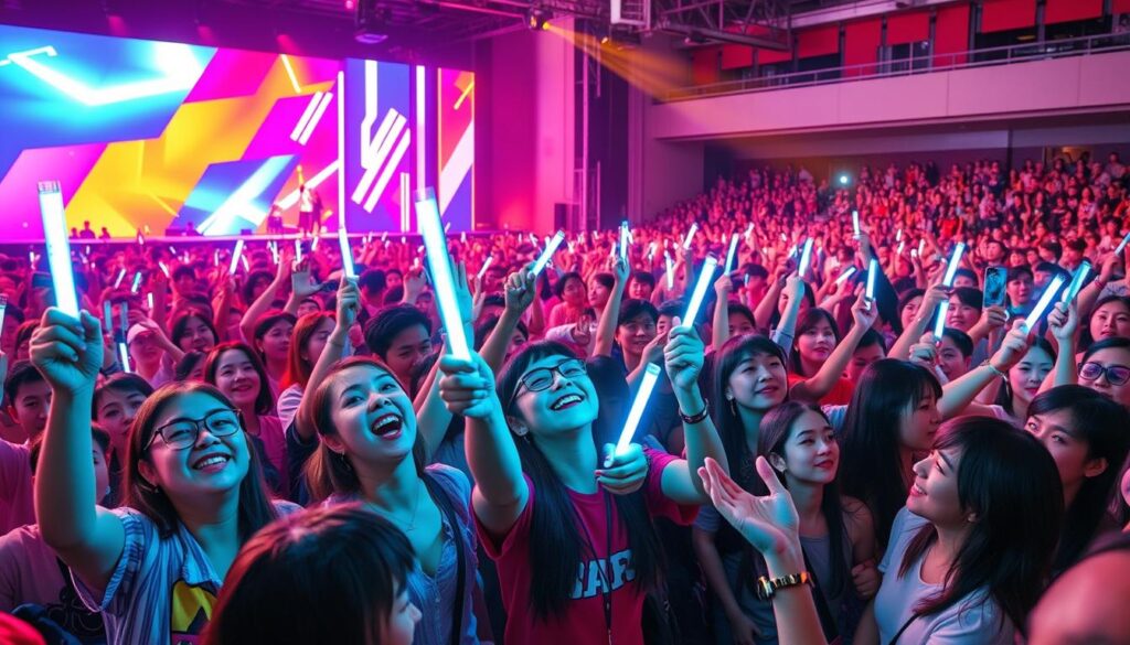A vibrant crowd of enthusiastic fans gathered in a lively, colorful setting, captivated by the thrilling energy of a Korean pop culture reality TV show. In the foreground, a diverse group of fans, from teenagers to young adults, excitedly cheer and wave lightsticks, their expressions filled with joy and anticipation. In the middle ground, the stage is set with sleek, modern lighting and a dynamic backdrop, hinting at the production value and global appeal of the show. In the background, a sea of fans stretches out, their collective excitement and unity creating a palpable sense of community and shared passion for the Korean entertainment industry. The scene is bathed in a warm, vibrant color palette, conveying the infectious excitement and cultural significance of this global phenomenon.