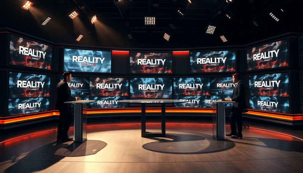 A stylish, minimalist newsroom set with sleek anchors delivering headlines against a backdrop of digital screens showcasing reality TV title cards and logos. Warm, dramatic lighting casts dynamic shadows, creating an energetic, news-worthy atmosphere. The camera angles are a mix of medium shots and close-ups, emphasizing the authoritative, professional presentation. The overall tone is one of excitement and anticipation, capturing the essence of the latest reality TV announcements. A stylish, minimalist newsroom set with sleek anchors delivering headlines against a backdrop of digital screens showcasing reality TV title cards and logos. Warm, dramatic lighting casts dynamic shadows, creating an energetic, news-worthy atmosphere. The camera angles are a mix of medium shots and close-ups, emphasizing the authoritative, professional presentation. The overall tone is one of excitement and anticipation, capturing the essence of the latest reality TV announcements.