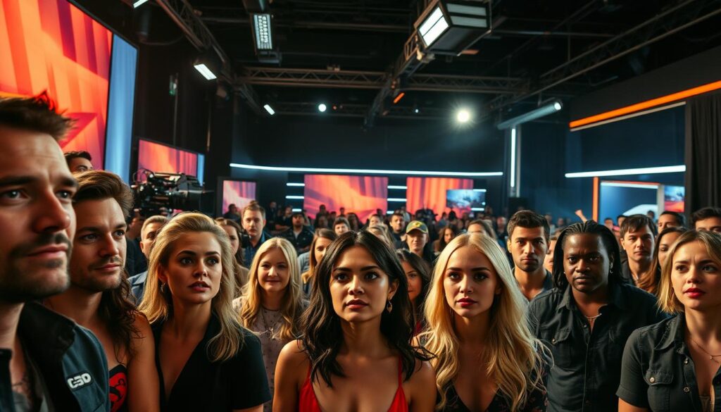 A vibrant, cinematic scene of a high-energy reality TV production. In the foreground, a diverse cast of engaging characters are intently focused, caught in a candid moment of heightened emotion, their expressions and body language conveying the thrill and drama of the genre. The middle ground is bustling with a flurry of activity - camera crews, producers, and a lively studio audience. Dramatic lighting casts long shadows, creating a palpable sense of tension and excitement. The background features sleek, modern sets and equipment, hinting at the high production values that make for a captivating viewing experience. The overall atmosphere is one of raw authenticity, where the boundaries between reality and performance are blurred, drawing the viewer into the heart of the action. A vibrant, cinematic scene of a high-energy reality TV production. In the foreground, a diverse cast of engaging characters are intently focused, caught in a candid moment of heightened emotion, their expressions and body language conveying the thrill and drama of the genre. The middle ground is bustling with a flurry of activity - camera crews, producers, and a lively studio audience. Dramatic lighting casts long shadows, creating a palpable sense of tension and excitement. The background features sleek, modern sets and equipment, hinting at the high production values that make for a captivating viewing experience. The overall atmosphere is one of raw authenticity, where the boundaries between reality and performance are blurred, drawing the viewer into the heart of the action.