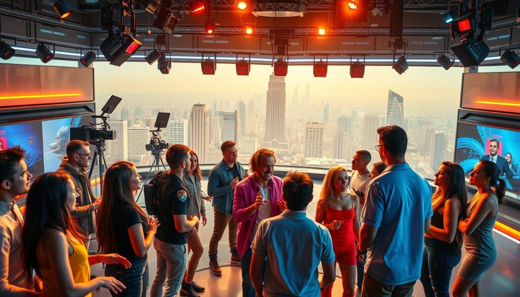 A vibrant, futuristic scene depicting the latest trends in 2024's reality TV landscape. In the foreground, a diverse cast of dynamic characters engage in lively interactions, their expressions and body language conveying the high-stakes drama and excitement of their on-screen antics. The middle ground features a sleek, high-tech studio setting, complete with state-of-the-art cameras, lighting rigs, and a control room bustling with activity. In the background, a panoramic view of a gleaming, architecturally innovative city skyline sets the stage for this vision of the future of reality television. The scene is illuminated by warm, saturated lighting that heightens the sense of energy and innovation, creating an immersive and captivating image that captures the zeitgeist of 2024's most talked-about reality TV trends. A vibrant, futuristic scene depicting the latest trends in 2024's reality TV landscape. In the foreground, a diverse cast of dynamic characters engage in lively interactions, their expressions and body language conveying the high-stakes drama and excitement of their on-screen antics. The middle ground features a sleek, high-tech studio setting, complete with state-of-the-art cameras, lighting rigs, and a control room bustling with activity. In the background, a panoramic view of a gleaming, architecturally innovative city skyline sets the stage for this vision of the future of reality television. The scene is illuminated by warm, saturated lighting that heightens the sense of energy and innovation, creating an immersive and captivating image that captures the zeitgeist of 2024's most talked-about reality TV trends.