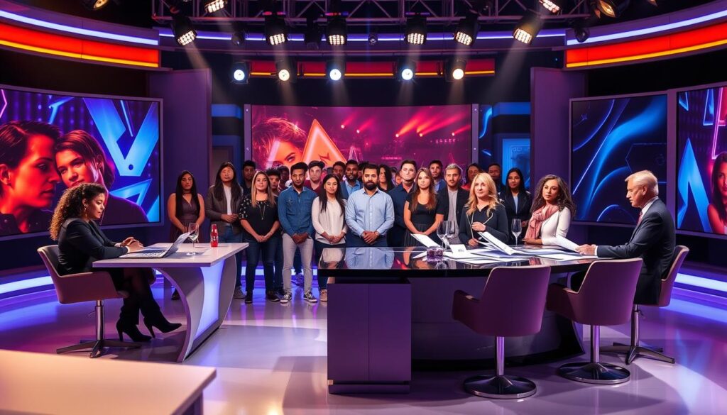 A vibrant reality TV studio set, bathed in soft, warm lighting. In the foreground, a panel of judges sit at a sleek, modern table, expressions rapt as they review headshots and resumes of potential contestants. In the middle ground, a group of diverse, energetic individuals stand anxiously, awaiting their chance to impress. The background features a backdrop of dynamic, ever-changing graphics, hinting at the drama and excitement of the latest casting decisions. The overall atmosphere is one of anticipation, professionalism, and the thrill of the talent search. A vibrant reality TV studio set, bathed in soft, warm lighting. In the foreground, a panel of judges sit at a sleek, modern table, expressions rapt as they review headshots and resumes of potential contestants. In the middle ground, a group of diverse, energetic individuals stand anxiously, awaiting their chance to impress. The background features a backdrop of dynamic, ever-changing graphics, hinting at the drama and excitement of the latest casting decisions. The overall atmosphere is one of anticipation, professionalism, and the thrill of the talent search.
