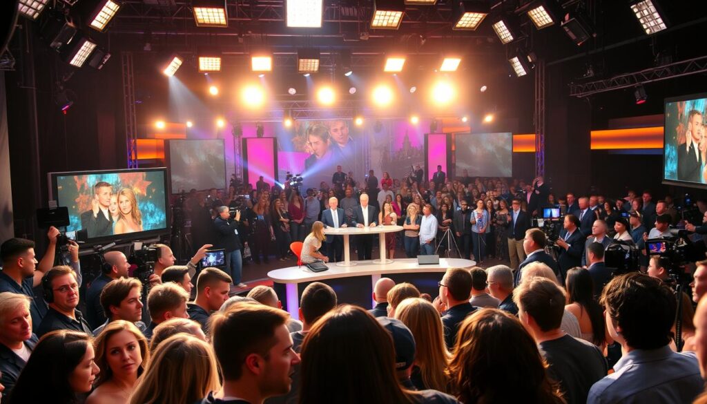 A bustling reality TV studio set, illuminated by dramatic overhead lighting and camera flashes. In the foreground, a group of anxious contestants huddle, their expressions conveying a mix of excitement and uncertainty. The middle ground features a panel of stern-faced judges, deliberating over the contestants' fates. In the background, a maze of production equipment and crew members bustle about, capturing every twist and turn. The atmosphere is charged with tension, hinting at the unexpected career-defining moments that can arise from the unpredictable world of reality television. A bustling reality TV studio set, illuminated by dramatic overhead lighting and camera flashes. In the foreground, a group of anxious contestants huddle, their expressions conveying a mix of excitement and uncertainty. The middle ground features a panel of stern-faced judges, deliberating over the contestants' fates. In the background, a maze of production equipment and crew members bustle about, capturing every twist and turn. The atmosphere is charged with tension, hinting at the unexpected career-defining moments that can arise from the unpredictable world of reality television.