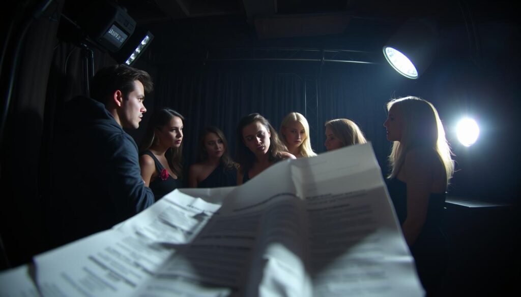 A dimly lit backstage area, illuminated by the harsh glare of studio lighting. A group of reality TV stars huddled in a tense conversation, expressions of shock and betrayal etched on their faces. In the foreground, a crumpled document or script suggests a leaked secret, the catalyst for this behind-the-scenes drama. The scene is captured through a hidden camera lens, adding a sense of voyeurism and the thrill of uncovering the truth. The atmosphere is tense, charged with the weight of unspoken scandals and the fragility of fame. This image aims to capture the essence of the "Internet Sleuthing: True or False?" section, hinting at the tangled web of rumors and speculation that surrounds the reality TV industry. A dimly lit backstage area, illuminated by the harsh glare of studio lighting. A group of reality TV stars huddled in a tense conversation, expressions of shock and betrayal etched on their faces. In the foreground, a crumpled document or script suggests a leaked secret, the catalyst for this behind-the-scenes drama. The scene is captured through a hidden camera lens, adding a sense of voyeurism and the thrill of uncovering the truth. The atmosphere is tense, charged with the weight of unspoken scandals and the fragility of fame. This image aims to capture the essence of the "Internet Sleuthing: True or False?" section, hinting at the tangled web of rumors and speculation that surrounds the reality TV industry.