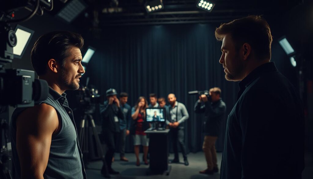 A dimly lit studio, cameras and lighting equipment casting dramatic shadows. In the foreground, two reality TV stars engage in a heated exchange, their expressions intense and revealing a hidden conflict. The middle ground showcases a production crew huddled around a monitor, capturing the unfolding drama. In the background, a curtain or partition hints at the stage-managed nature of the proceedings, creating a sense of voyeurism. Moody, high-contrast lighting and a cinéma vérité aesthetic heighten the sense of authenticity and behind-the-scenes access. A dimly lit studio, cameras and lighting equipment casting dramatic shadows. In the foreground, two reality TV stars engage in a heated exchange, their expressions intense and revealing a hidden conflict. The middle ground showcases a production crew huddled around a monitor, capturing the unfolding drama. In the background, a curtain or partition hints at the stage-managed nature of the proceedings, creating a sense of voyeurism. Moody, high-contrast lighting and a cinéma vérité aesthetic heighten the sense of authenticity and behind-the-scenes access.