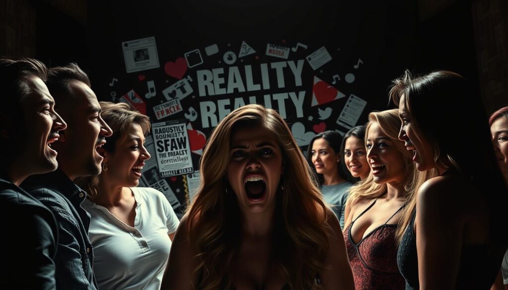 A dramatic, high-contrast scene showcasing the most notorious reality TV controversies. In the foreground, a group of reality stars embroiled in heated arguments, faces twisted with anguish and rage. The middle ground features a chaotic, stylized blend of tabloid headlines, paparazzi flashes, and social media posts, hinting at the salacious gossip surrounding these scandals. The background is a shadowy, ominous void, evoking the unsettling nature of these controversies. Dramatic chiaroscuro lighting casts dramatic shadows, heightening the tension. The overall mood is one of sensationalism, scandal, and the relentless pursuit of fame at all costs. A dramatic, high-contrast scene showcasing the most notorious reality TV controversies. In the foreground, a group of reality stars embroiled in heated arguments, faces twisted with anguish and rage. The middle ground features a chaotic, stylized blend of tabloid headlines, paparazzi flashes, and social media posts, hinting at the salacious gossip surrounding these scandals. The background is a shadowy, ominous void, evoking the unsettling nature of these controversies. Dramatic chiaroscuro lighting casts dramatic shadows, heightening the tension. The overall mood is one of sensationalism, scandal, and the relentless pursuit of fame at all costs.