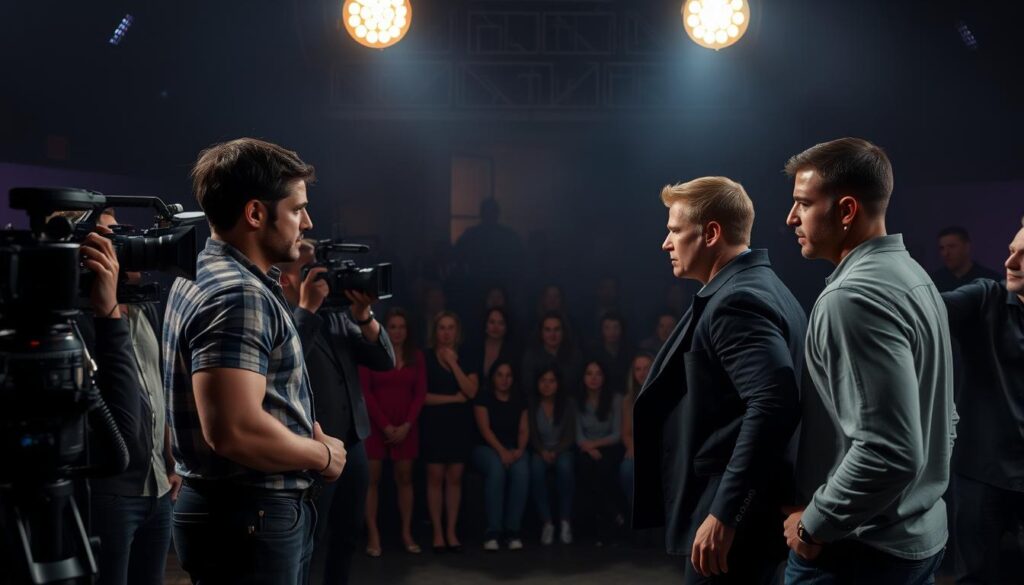 A dramatic reality TV scene unfolding in a dimly lit studio. In the foreground, two feuding contestants stand toe-to-toe, their expressions tense with animosity. Cameras and crew members surround them, capturing the heated confrontation. In the middle ground, a small audience watches on, their faces alight with fascination. The background is hazy, with a sense of tension and drama permeating the air. Dramatic lighting casts dramatic shadows, emphasizing the high-stakes nature of the moment. An air of uncertainty and scandal hangs over the scene, hinting at the unexpected twists and turns that define the world of reality television. A dramatic reality TV scene unfolding in a dimly lit studio. In the foreground, two feuding contestants stand toe-to-toe, their expressions tense with animosity. Cameras and crew members surround them, capturing the heated confrontation. In the middle ground, a small audience watches on, their faces alight with fascination. The background is hazy, with a sense of tension and drama permeating the air. Dramatic lighting casts dramatic shadows, emphasizing the high-stakes nature of the moment. An air of uncertainty and scandal hangs over the scene, hinting at the unexpected twists and turns that define the world of reality television.