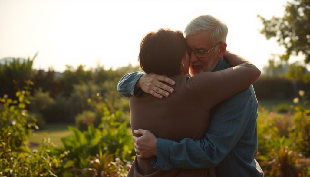 A serene, sun-drenched scene of two individuals embracing in a heartfelt reconciliation. In the foreground, their expressions convey a mixture of relief, forgiveness, and a renewed sense of connection. The middle ground showcases a lush, verdant garden, hinting at the growth and renewal that can emerge from difficult pasts. In the background, a soft, hazy sky lends an air of tranquility and redemption, as if the weight of past transgressions has been lifted. Captured through a warm, slightly soft-focused lens, the image evokes a sense of empathy, understanding, and the power of forgiveness to heal. A serene, sun-drenched scene of two individuals embracing in a heartfelt reconciliation. In the foreground, their expressions convey a mixture of relief, forgiveness, and a renewed sense of connection. The middle ground showcases a lush, verdant garden, hinting at the growth and renewal that can emerge from difficult pasts. In the background, a soft, hazy sky lends an air of tranquility and redemption, as if the weight of past transgressions has been lifted. Captured through a warm, slightly soft-focused lens, the image evokes a sense of empathy, understanding, and the power of forgiveness to heal.