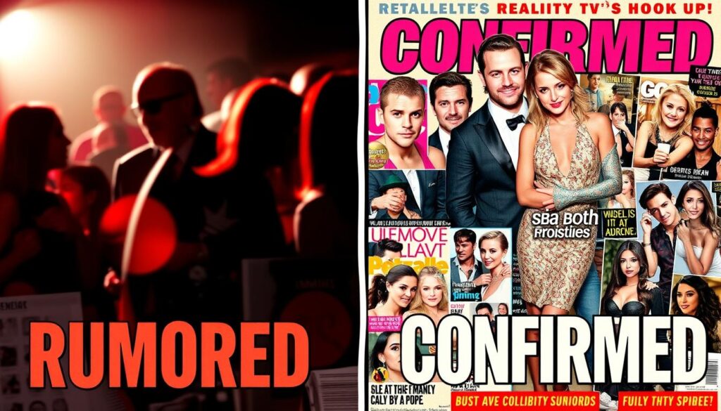 Vibrant tabloid-inspired collage, two distinct halves: "Rumored" and "Confirmed" celebrity hookups. Rumored section features hazy, speculative visuals - shadowy figures, blurred paparazzi shots, gossip magazine headlines. Contrasting Confirmed section, crisp and factual, showcasing candid celebrity couple photos, social media posts, magazine covers. Dramatic lighting, high-gloss aesthetic evokes glossy celebrity culture. Varied camera angles, close-ups, and wide shots create a layered, visually dynamic composition. Subtle color palette of reds, pinks, and golds amplifies the sensationalized, scandalous atmosphere. An entertaining, visually engaging depiction of reality TV romance rumors and realities. Vibrant tabloid-inspired collage, two distinct halves: "Rumored" and "Confirmed" celebrity hookups. Rumored section features hazy, speculative visuals - shadowy figures, blurred paparazzi shots, gossip magazine headlines. Contrasting Confirmed section, crisp and factual, showcasing candid celebrity couple photos, social media posts, magazine covers. Dramatic lighting, high-gloss aesthetic evokes glossy celebrity culture. Varied camera angles, close-ups, and wide shots create a layered, visually dynamic composition. Subtle color palette of reds, pinks, and golds amplifies the sensationalized, scandalous atmosphere. An entertaining, visually engaging depiction of reality TV romance rumors and realities.