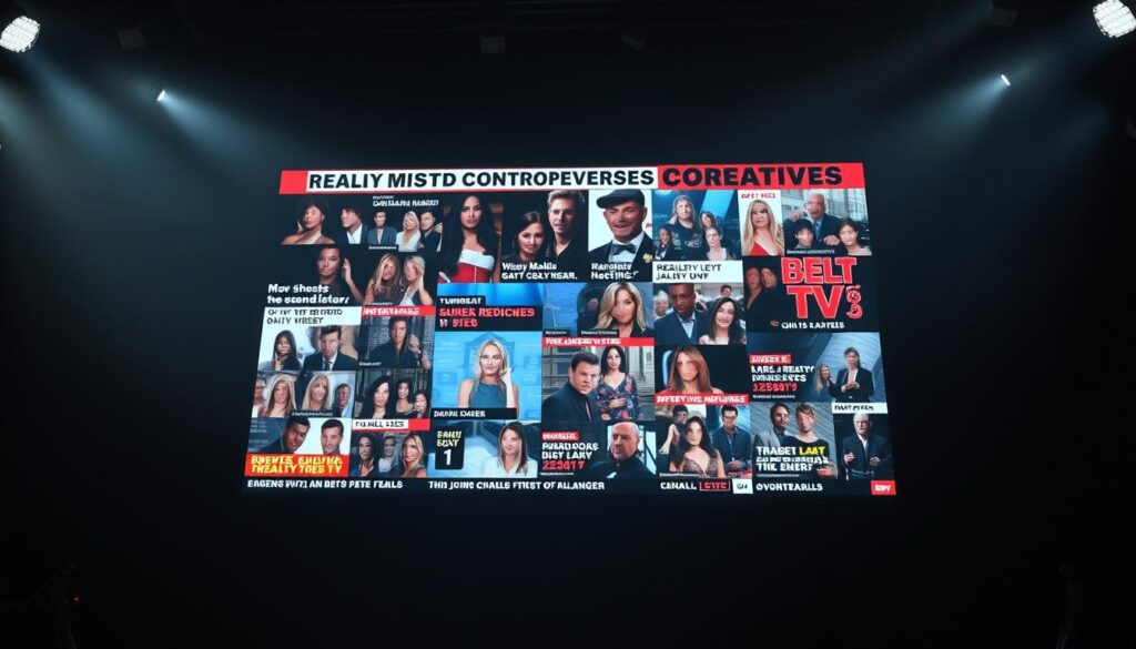 a hyper-realistic, highly detailed, cinematic, wide-angle photograph of a large LED screen displaying various reality TV show controversies and trending topics against a dark, moody, dramatic backdrop with low-key lighting, creating a sense of tension and drama. The screen shows a collage of images and headlines related to celebrity feuds, scandals, and other juicy gossip from popular reality TV programs. The background is blurred and hazy, emphasizing the screen as the focal point. The overall atmosphere is one of heightened emotions, intrigue, and the sense that the viewer is privy to the inner workings of the reality TV industry. a hyper-realistic, highly detailed, cinematic, wide-angle photograph of a large LED screen displaying various reality TV show controversies and trending topics against a dark, moody, dramatic backdrop with low-key lighting, creating a sense of tension and drama. The screen shows a collage of images and headlines related to celebrity feuds, scandals, and other juicy gossip from popular reality TV programs. The background is blurred and hazy, emphasizing the screen as the focal point. The overall atmosphere is one of heightened emotions, intrigue, and the sense that the viewer is privy to the inner workings of the reality TV industry.