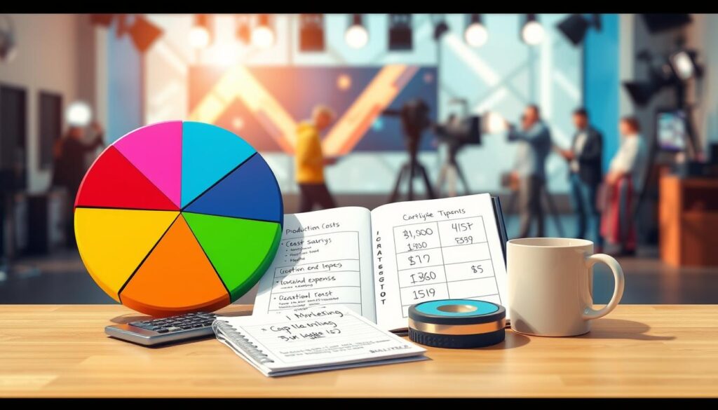 A detailed, visually engaging illustration of a reality TV filming budget breakdown. In the foreground, a large, colorful pie chart showcases different categories: production costs, cast salaries, location expenses, and marketing, each with distinctive colors. In the middle, an open planner with neatly organized notes, highlighting key budget figures, sits beside a calculator and a coffee cup, suggesting an active planning session. The background features a subtle blurred image of a bustling television studio, with crew members setting up equipment, enhancing the atmosphere of a professional setting. Bright, natural lighting creates an optimistic and focused mood, while a soft depth of field brings attention to the budget breakdown elements. A detailed, visually engaging illustration of a reality TV filming budget breakdown. In the foreground, a large, colorful pie chart showcases different categories: production costs, cast salaries, location expenses, and marketing, each with distinctive colors. In the middle, an open planner with neatly organized notes, highlighting key budget figures, sits beside a calculator and a coffee cup, suggesting an active planning session. The background features a subtle blurred image of a bustling television studio, with crew members setting up equipment, enhancing the atmosphere of a professional setting. Bright, natural lighting creates an optimistic and focused mood, while a soft depth of field brings attention to the budget breakdown elements.