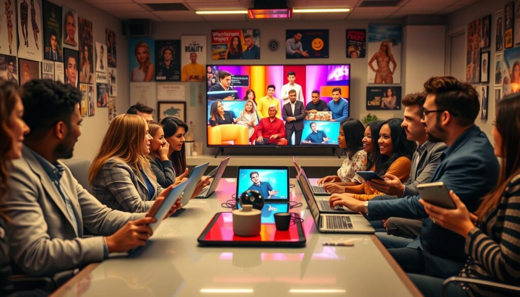 A lively scene depicting a diverse group of individuals engaged in animated discussions in a modern TV chatroom setting. In the foreground, a multi-ethnic group of fans in smart casual attire, seated around a sleek, high-tech table with laptops and tablets open, deep in conversation about their favorite reality show. The middle ground features a large screen displaying vibrant images from the show, with feedback and emojis subtly visible. In the background, soft lighting highlights a cozy, tech-savvy environment filled with posters and memorabilia of various reality shows. The atmosphere is energetic yet collaborative, capturing the influence of fandom discussion on reality show outcomes. The image is infused with warm tones to enhance the vibrant, engaging mood, shot with a shallow depth of field to focus on the fans while the background gently blurs. A lively scene depicting a diverse group of individuals engaged in animated discussions in a modern TV chatroom setting. In the foreground, a multi-ethnic group of fans in smart casual attire, seated around a sleek, high-tech table with laptops and tablets open, deep in conversation about their favorite reality show. The middle ground features a large screen displaying vibrant images from the show, with feedback and emojis subtly visible. In the background, soft lighting highlights a cozy, tech-savvy environment filled with posters and memorabilia of various reality shows. The atmosphere is energetic yet collaborative, capturing the influence of fandom discussion on reality show outcomes. The image is infused with warm tones to enhance the vibrant, engaging mood, shot with a shallow depth of field to focus on the fans while the background gently blurs.