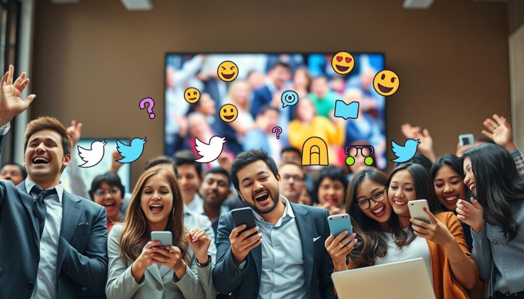 A vibrant, dynamic collage depicting social media reactions to iconic reality TV moments. In the foreground, diverse groups of fans, dressed in professional business attire and modest casual clothing, are enthusiastically sharing their reactions on smartphones and laptops, embodying excitement and surprise. The middle layer features stylized social media icons and emojis, symbolizing laughter, shock, and applause, all subtly interconnected with colorful lines. The background consists of a blurred TV screen displaying a famous reality TV moment, creating a sense of energy and context. The lighting is bright and cheerful, casting a warm glow, while the angle is slightly above eye level, capturing the collective enthusiasm of the fans. The overall atmosphere is lively and engaging, celebrating the joy of shared experiences in reality television.