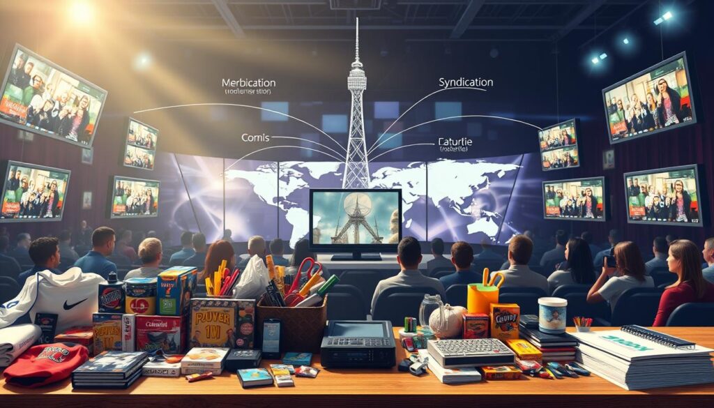 A visually engaging infographic showcasing the various revenue streams of reality TV, emphasizing merchandise and syndication. In the foreground, depict a table laden with reality TV merchandise—branded apparel, games, and collectibles. In the middle ground, illustrate a television broadcasting tower symbolizing syndication, with lines connecting to different countries on a world map, representing international sales. The background should feature an abstract representation of viewers engaging with multiple screens displaying snippets of popular reality shows. The lighting is bright and energetic, creating an inspiring atmosphere, and the angle is slightly elevated to give a comprehensive view of the entire composition. The overall mood conveys excitement and the thriving business of reality TV. A visually engaging infographic showcasing the various revenue streams of reality TV, emphasizing merchandise and syndication. In the foreground, depict a table laden with reality TV merchandise—branded apparel, games, and collectibles. In the middle ground, illustrate a television broadcasting tower symbolizing syndication, with lines connecting to different countries on a world map, representing international sales. The background should feature an abstract representation of viewers engaging with multiple screens displaying snippets of popular reality shows. The lighting is bright and energetic, creating an inspiring atmosphere, and the angle is slightly elevated to give a comprehensive view of the entire composition. The overall mood conveys excitement and the thriving business of reality TV.