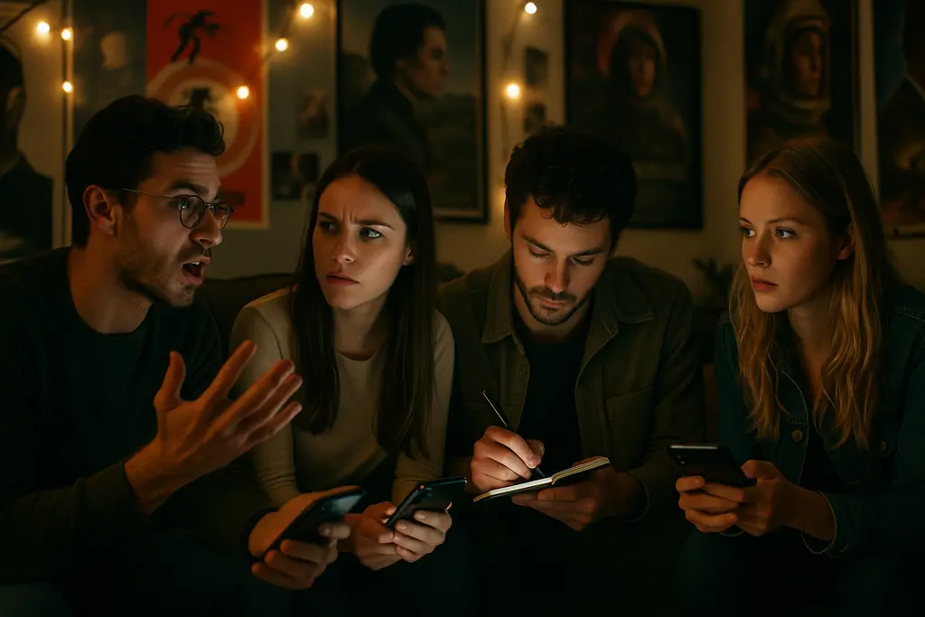 A24 Letterboxd acquisition concept with moviegoers browsing film reviews on phones