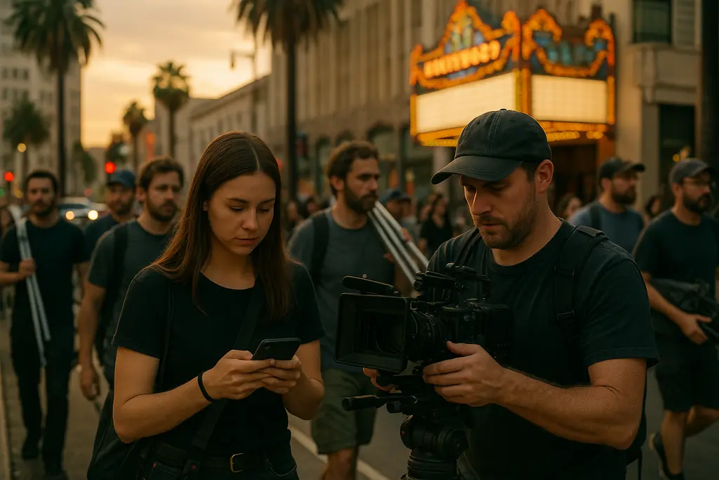 California Film Production crew setting up lights on a quiet Los Angeles street