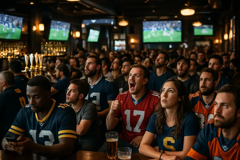 Crowd watching a live sports broadcast on a large television screen