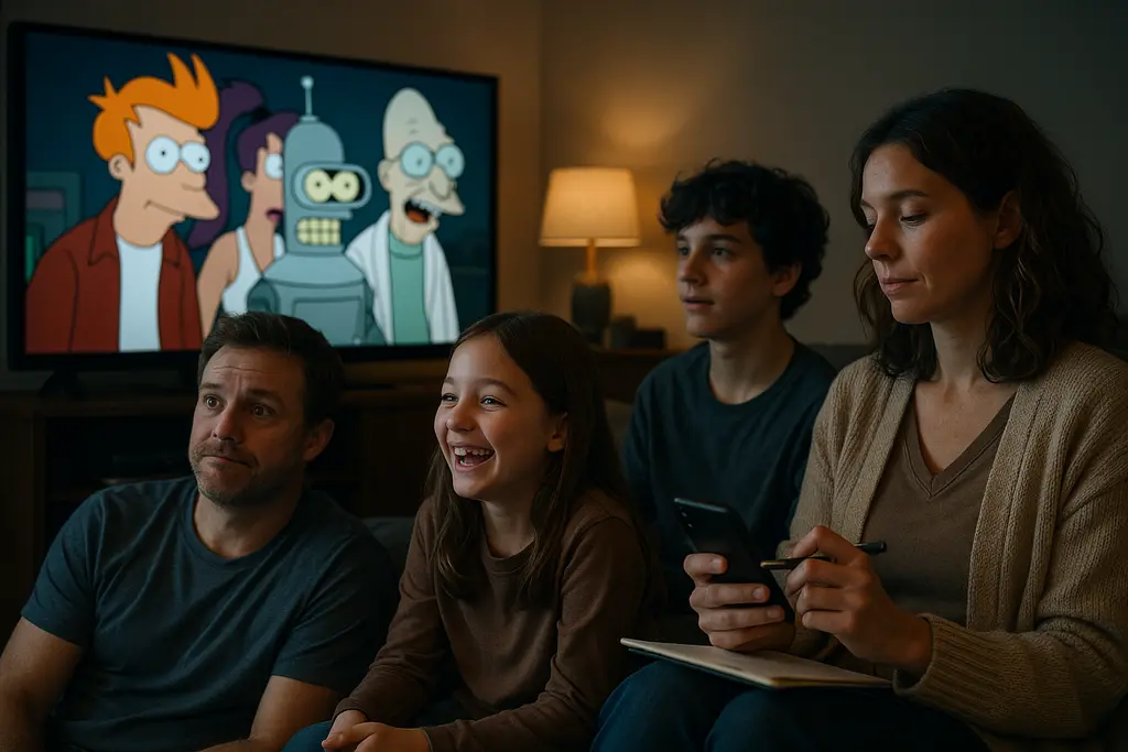Futurama Season 14 streaming screen with animated sci-fi characters in a futuristic room