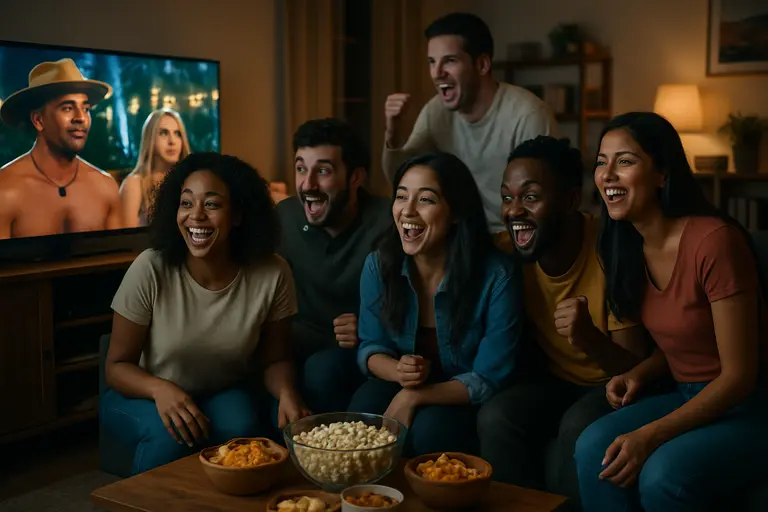 Group of viewers reacting to an unscripted television episode at home