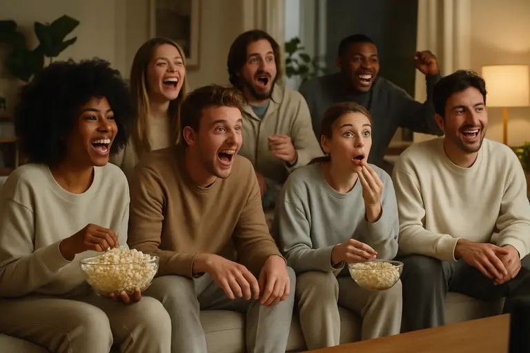 Viewers watching a soccer comedy on a living room television