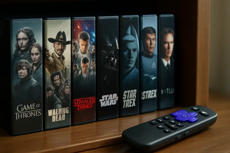 A shelf of genre television box sets beside a streaming remote