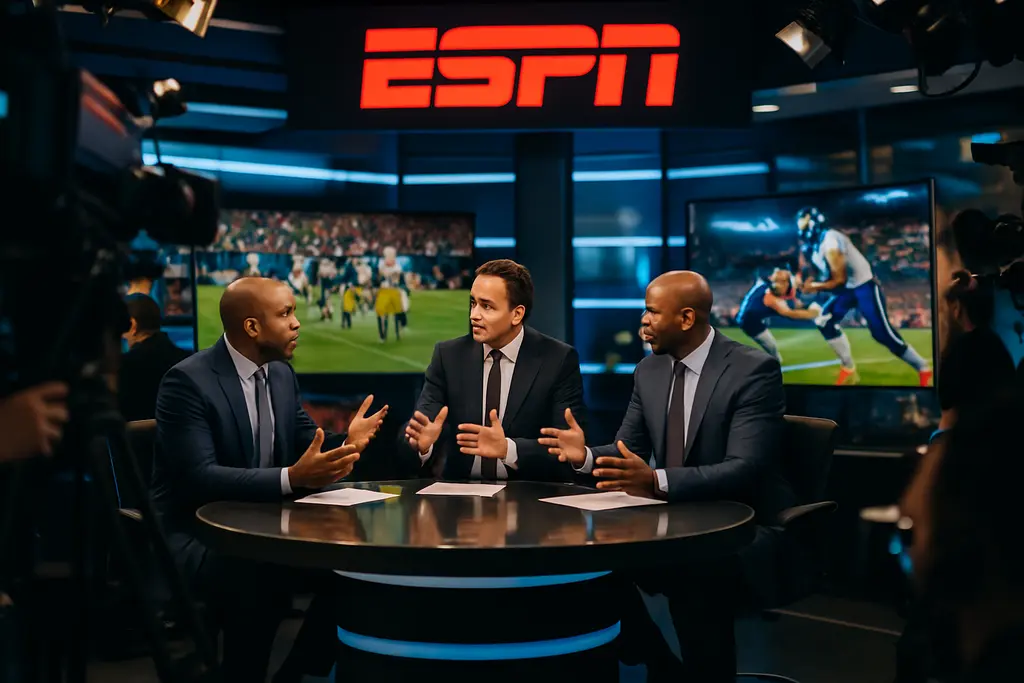 ESPN Studio W control room with analysts preparing an NFL segment