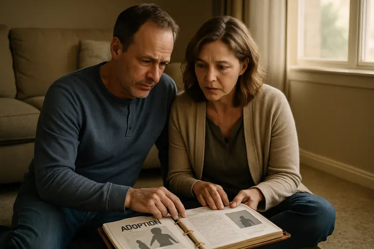 Two adults reviewing adoption documents in a quiet office setting