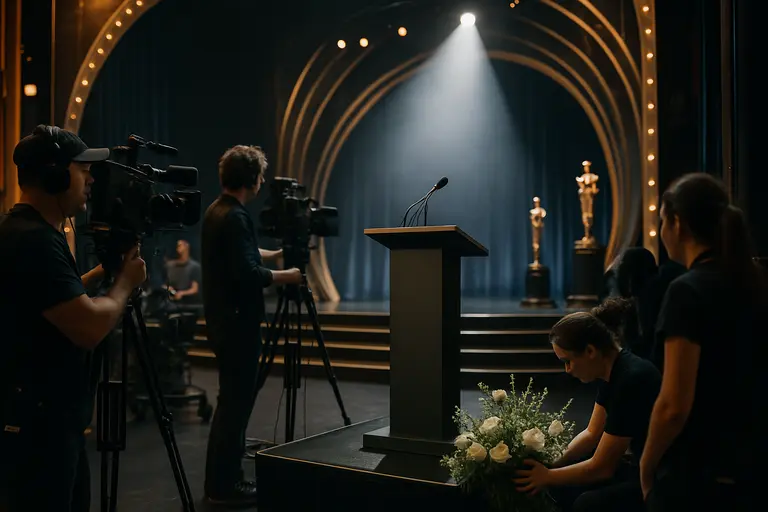 Awards stage seen from empty seats before a televised entertainment ceremony