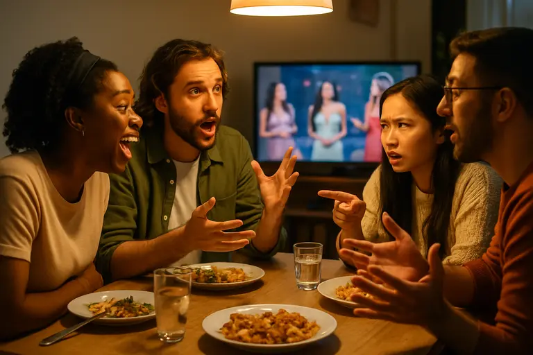 Group of viewers discussing a reality show in a casual living room
